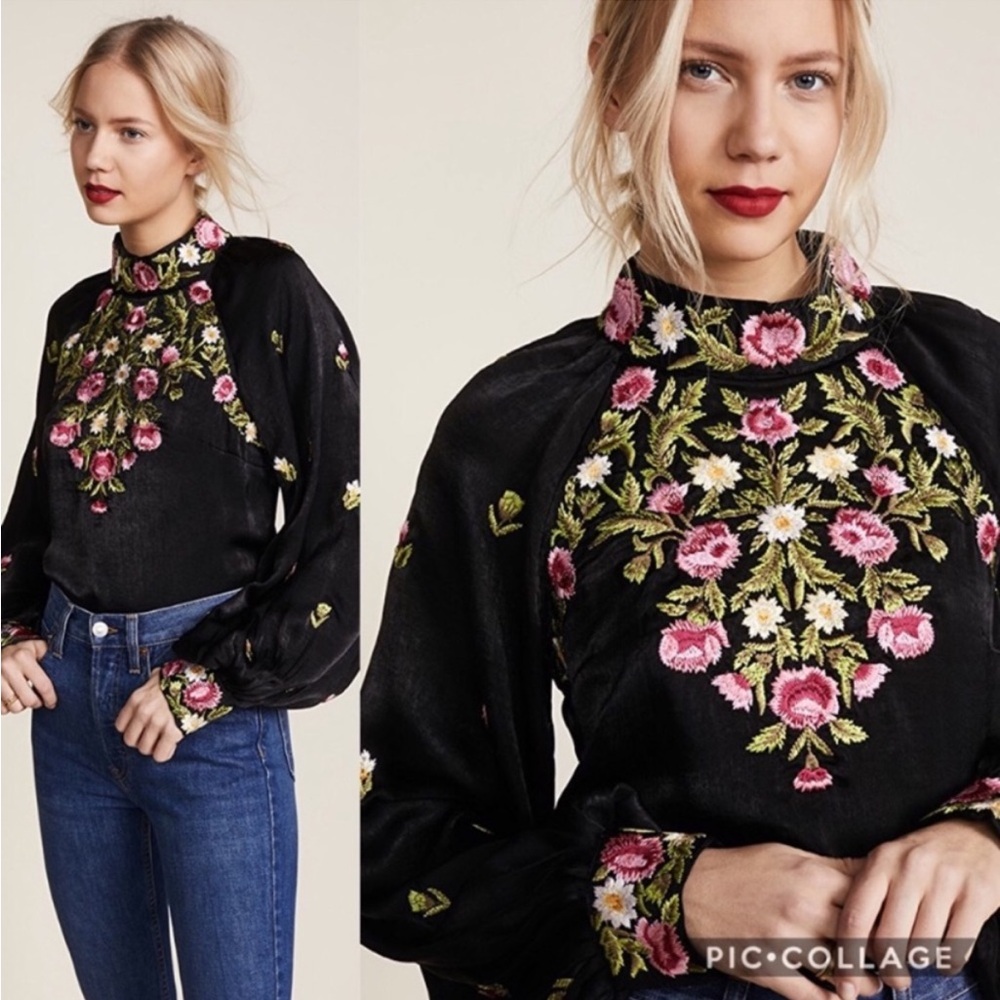 Free People Jessica Mock Neck Embroidered Black Peasant Boho Size L Gypsy Blouse